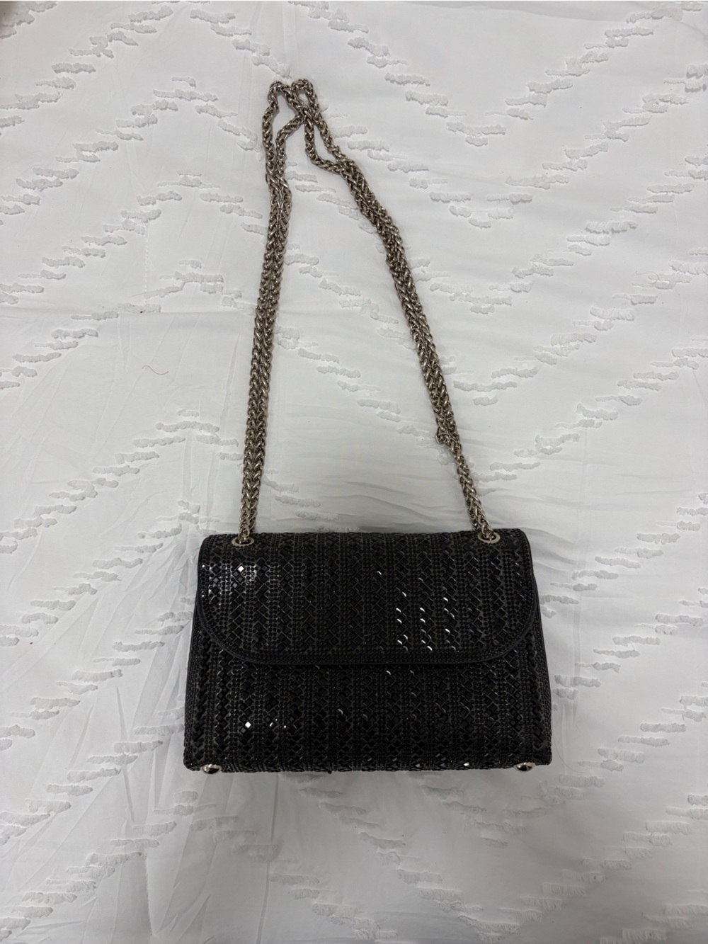 Black Sequin Shoulder Bag with Silver Chain Strap